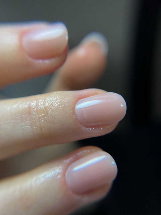 Short round nails in milky rosé with a high-gloss finish