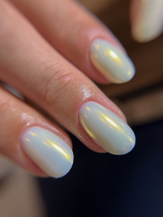 Oval nails in milky white with a pearl shimmer